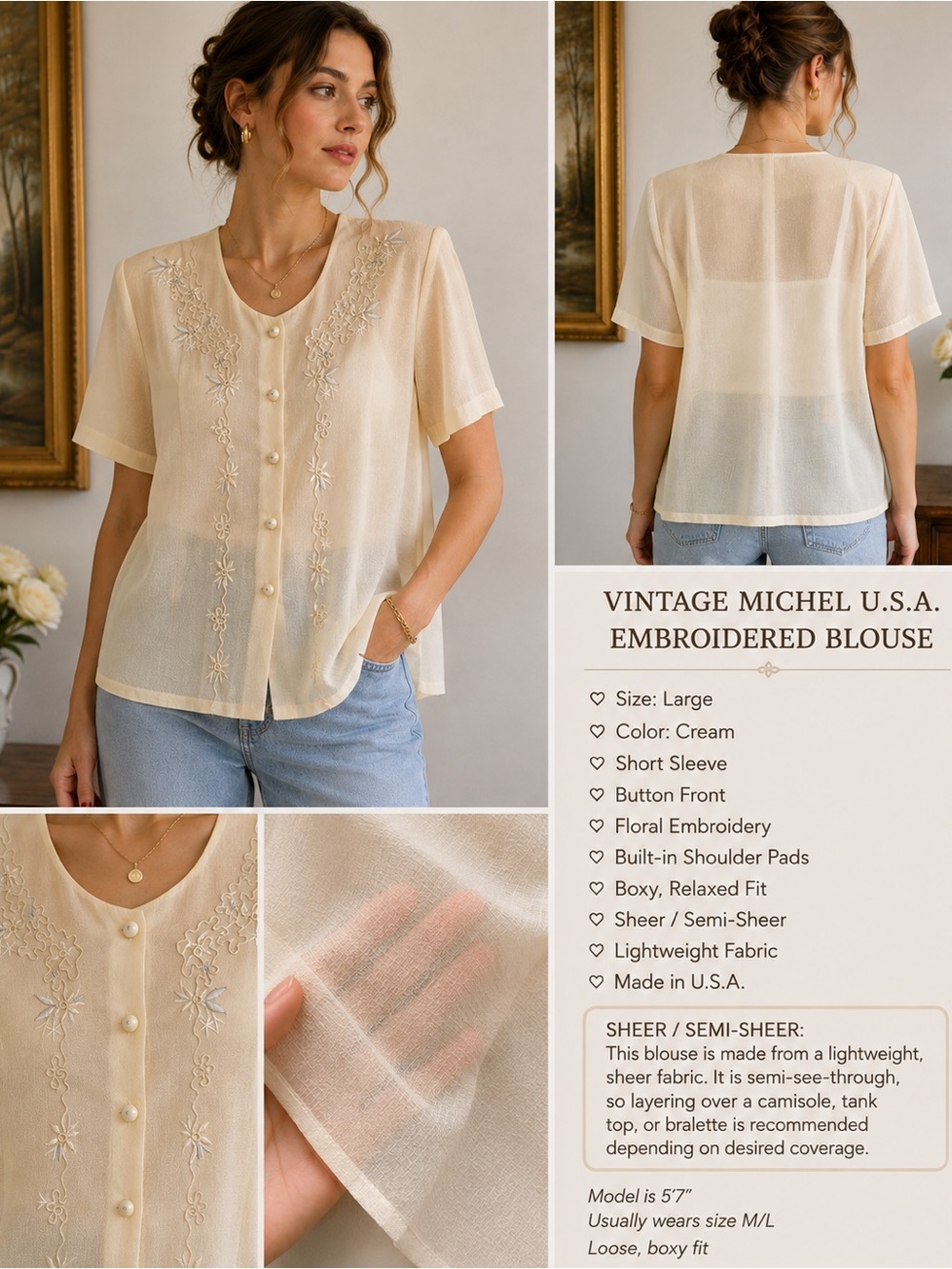 Vintage Michel U.S.A. Embroidered Sheer Blouse L Shoulder Pads 90s Y2K